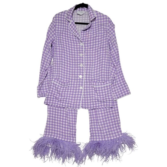 Sleeper Feather Party Pajama Set Womens Small Lavender Purple Gingham Loungewear